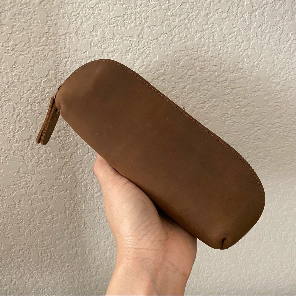 Crazy Horse Real Leather Brown Zipper Pencil Pouch Makeup Bag